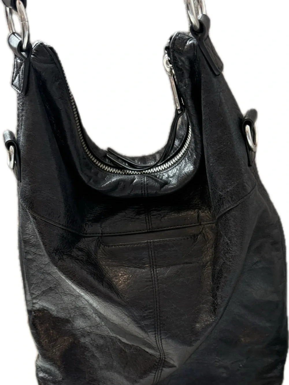 HOBO Black Leather Hobo Bag with Front Pockets